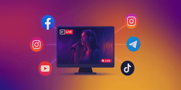 Multi-casting interface showing streaming to multiple platforms like YouTube, Twitch, Facebook